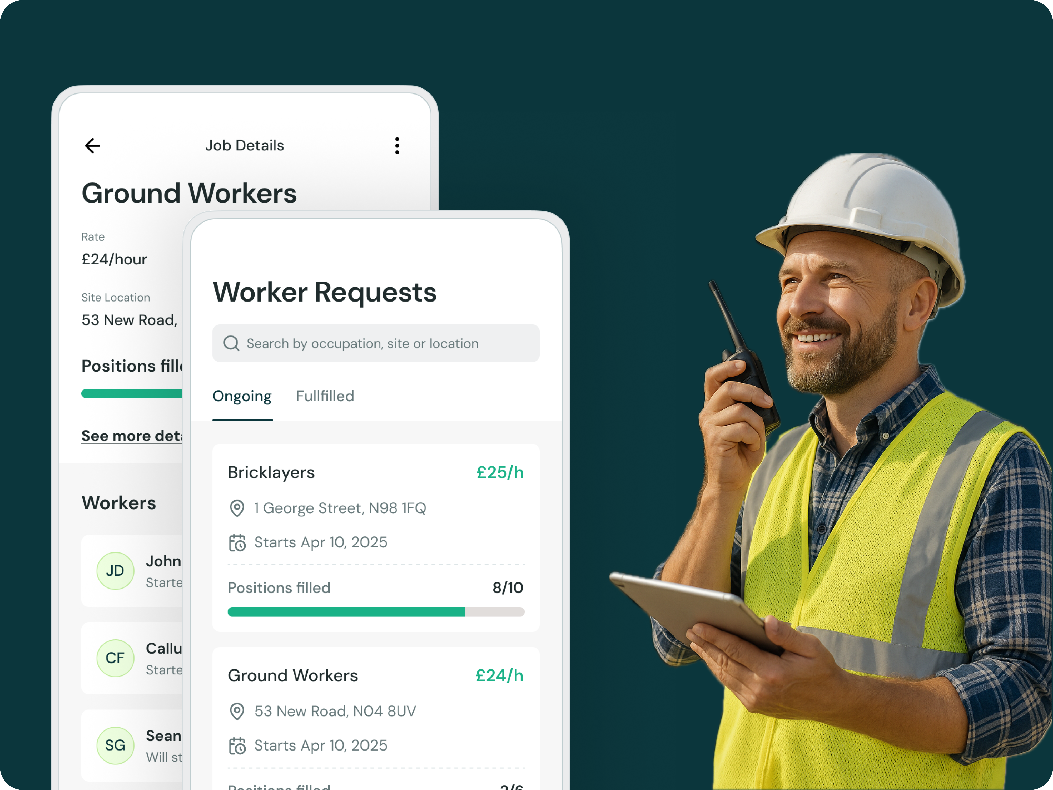 Construction worker with tablet and radio